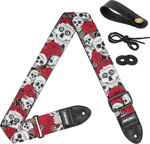 AMUMU Skull Rose Guitar Strap 2" Printed Canvas Top, Cotton Backing, Vegan Leather Ends for Acoustic, Electric, Bass Guitars Adjustable 36"-59"