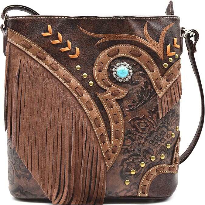 Western Cowgirl Fashion Style Leather Fringe Crossbody Handbags Women Purse Country Everyday Shoulder Bag
