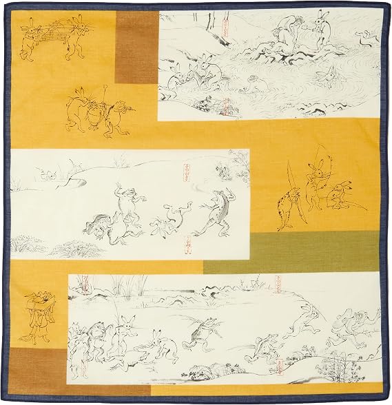 YamamotoJin Japanese Goods Kyoto Small Items Handkerchief Kyoto Colors Bird, Beast, Human Figures Playful Painting B Mustard Yellow Approximately 47.5×47.5cm