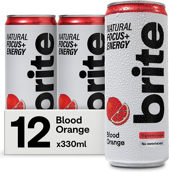 Brite Natural Focus. Energy Drink & Coffee Alternative for Productivity. Plant Based, Backed by Neuroscience. Low Calorie, Vegan, Gluten Free. Blood Orange 12 x 330 ml.