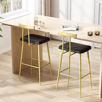 Bar Stools Set of 2, Tall Bar Stools with Backrest and Footrest, Counter Height Bar Chairs, Industrial Barstools with PU Leather Cushion, for Kitchen, Dining Room, Bar, Cafe (Gold) KBS515GC