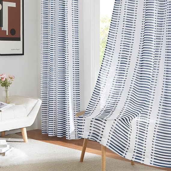 PONY DANCE Navy Blue Sheer Curtains, Semi-Sheer Voile Window Curtains for Bedroom, Natural Decor Faux Linen Slub Textured Striped Grommet Drapes for Patio Living Room, 2 Panels, 50" W x 84" L