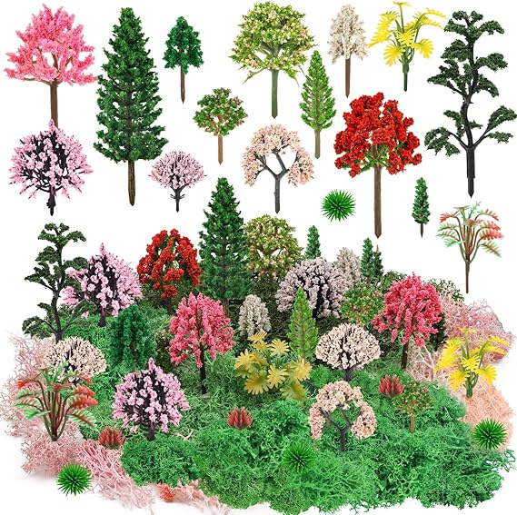 QUOZUO 36 Pcs Mixed Model Trees with 40g Moss Pink and Green, Diorama Trees Grass Mini Fake Miniature Trees Moss for Building Model, Model Train Scenery, Natural Green Landscape, Railroad Scenery