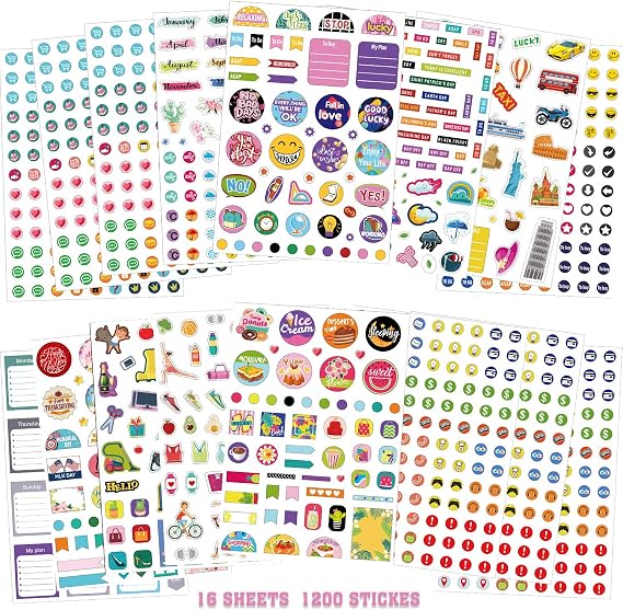 16 Sheets Planner Set with Over 1200 Different Mini Symbols - Daily Stickers Variety Monthly Tabs for Adults DIY Calendar Work Planning Budget Families Holidays Diary