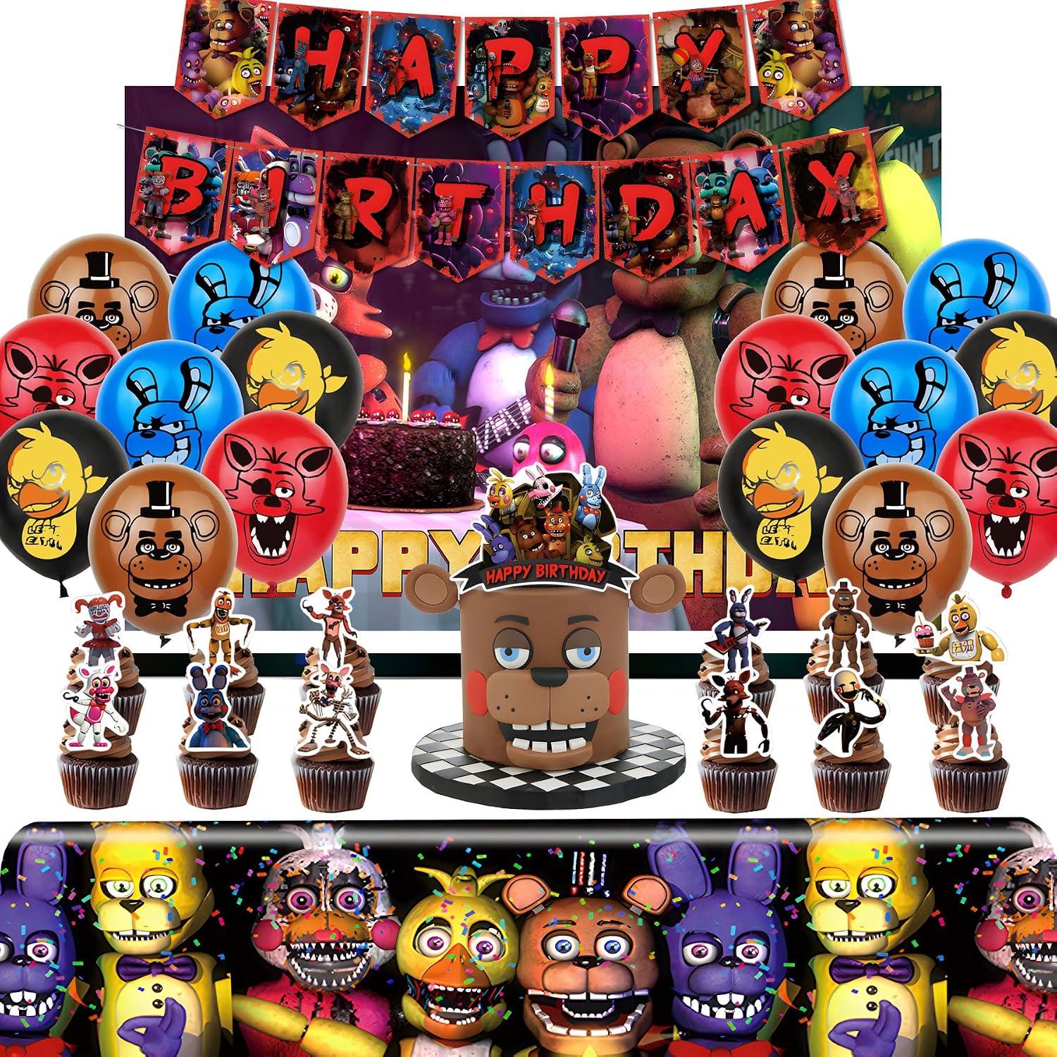 Kozrlib Birthday Party Supplies Five Nights Fredys Birthday Merch Including Cake Topper Cupcake Toppers Banner Balloons Background and Tablecloth