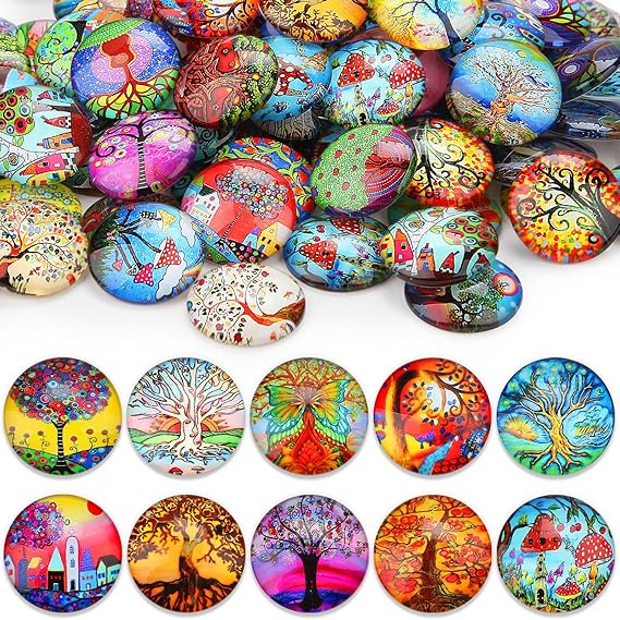 100 Stk Muggelsteine Bunt Kinder Groß 25mm Glasnuggets Glassteine Mosaiksteine zum Basteln Glückssteine Edelsteine Glasbausteine Dekosteine Schmucksteine Cabochons für DIY Anhänger (Lebensbaum)