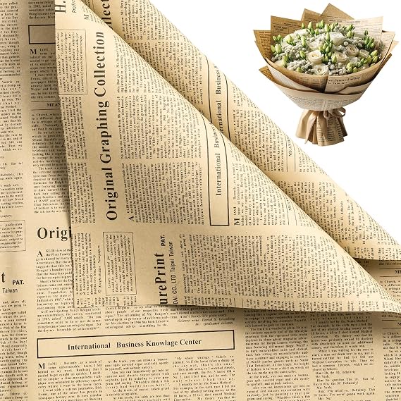 WRAPAHOLIC 20 Sheets Kraft Newspaper Flower Wrapping Paper - 19.6 x 27.5 inch Blue Font Vintage Newsprint Design Reversible Floral Bouquet Wrapping Paper for Florist Supply Wedding Birthday Gift DIY