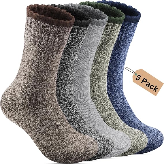 5 Pack Merino Wool Socks for Mens, Thermal Warm Thick Winter Hiking Socks | Breathable Soft Cozy Socks for Cold Weather Casual Crew Socks for Man Gift Multicolor
