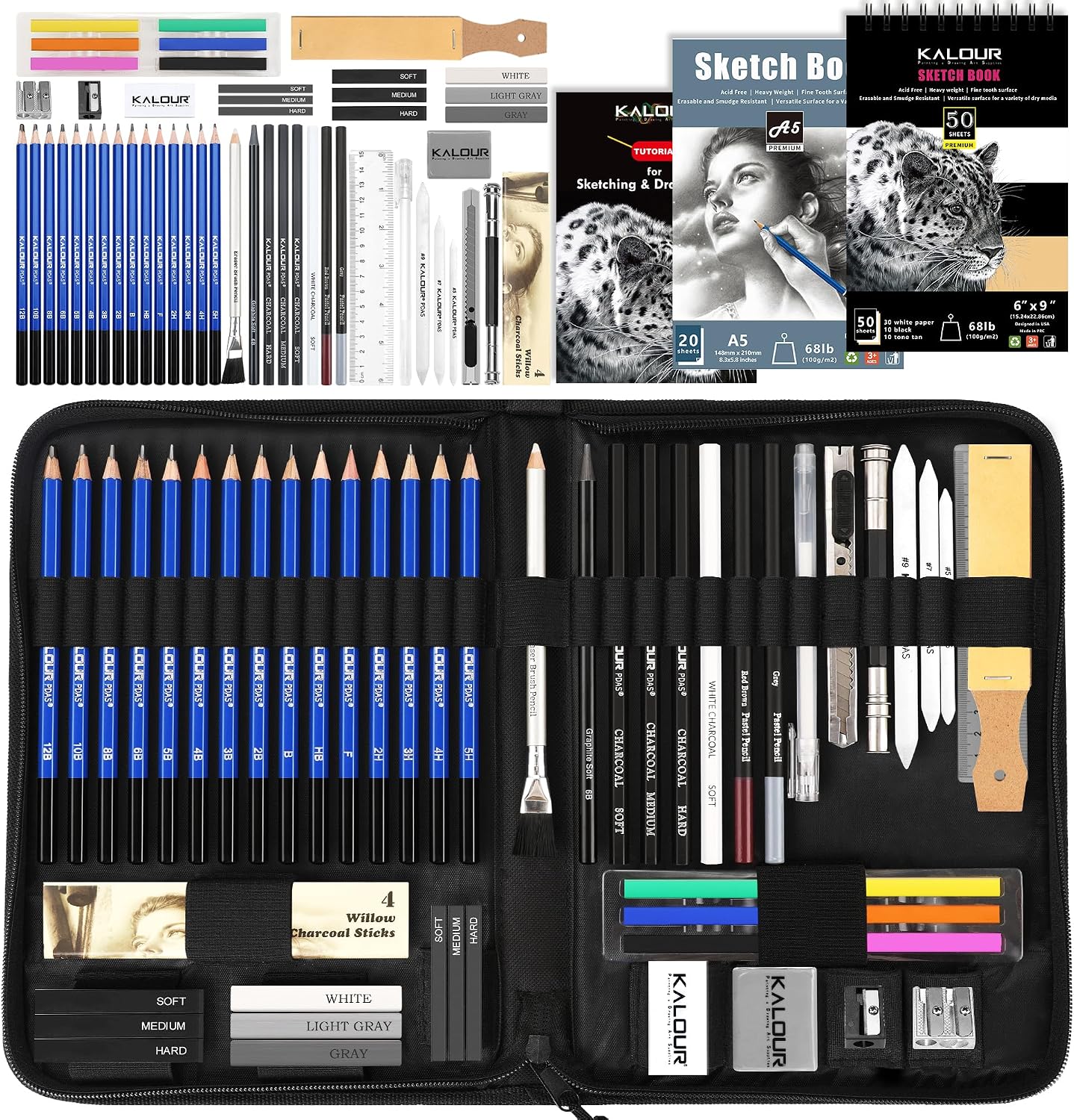KALOUR PDAS 58 Pack Drawing Set Sketch Kit, Sketching Supplies with 3-Color Sketchbook, A5 SketchBook, Tutorial, Graphite & Charcoal Pencils, Pro Art Drawing Kit for Artists Adults