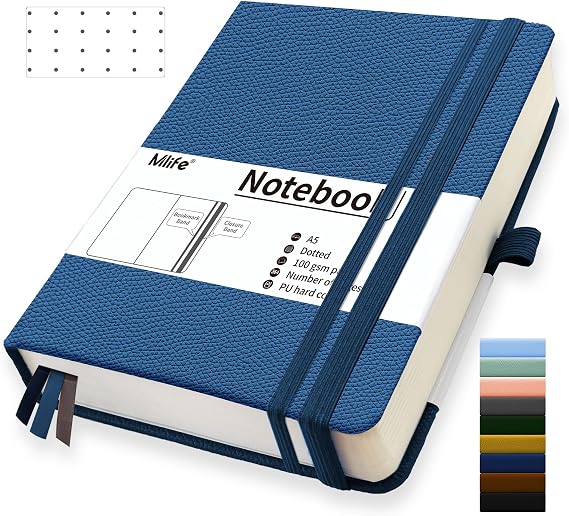 Mlife A5 Dotted Journal Notebook,-360 Numbered Pages Thick Journal for Writing,100Gsm Premium Thick Paper,PU Hard Cover Notebooks College Ruled, Daily Journals for Men Women School Office(Blue)