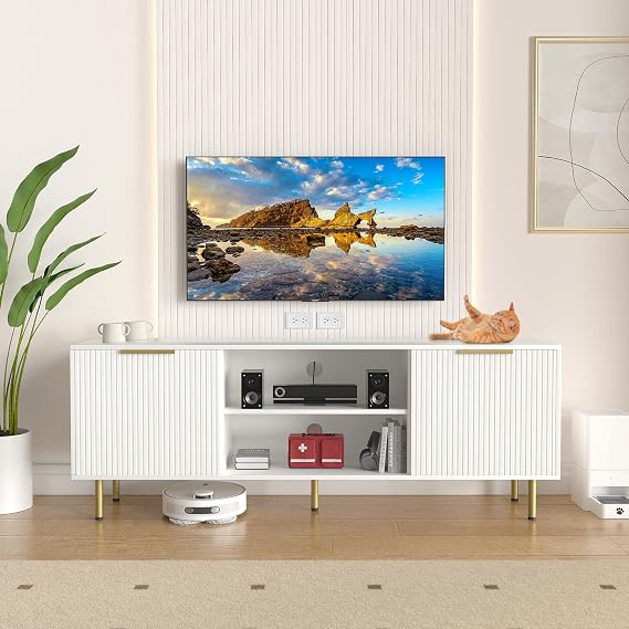 Furnicare White TV Stand, for 65+ Inch TV, Mid Century Modern Entertainment Center with Storage, Adjustable Shelves, Waveform Panel Wood TV Console Table Media Cabinet for Living Room Bedroom