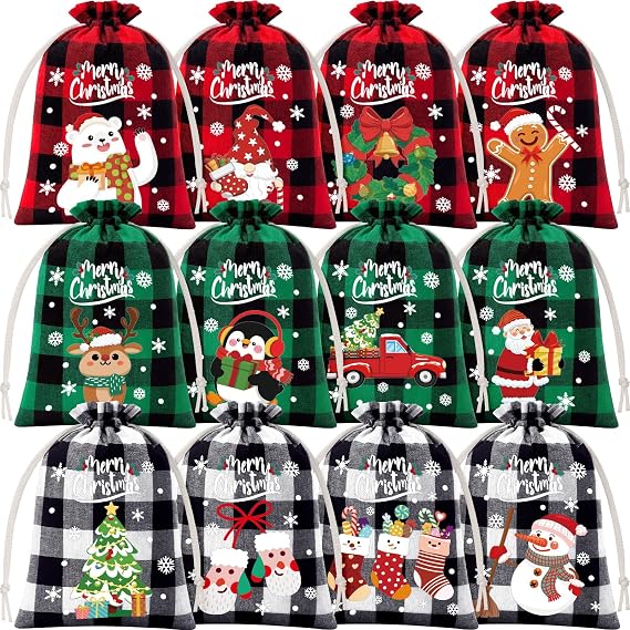 FLOE 72Pcs Burlap Christmas Drawstring Bags, 5x7in Buffalo Plaid Xmas Gift Bags Christmas Candy Bag Small Xmas Linen Treat Bags Goody Reusable Gifts Wrapping Bag Holiday Party Favors Sack