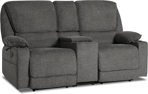 Loveseat Recliner, RV Reclining Loveseat, Home Theater Seating, Manual Loveseat with Console, 4 Cup Holders, 2-Seater Recliner Sofa, RV Furniture for Travel Trailers, Livingroom (Dark Grey)