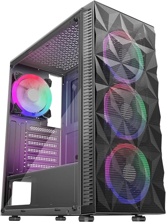 MOROVOL PC Case Pre-Install 4 RGB Fans, ATX Gaming Computer Case with Diamond-Shaped Mesh Front & Tempered Glass Side Panel, USB 3.0 Airflow Mid Tower case,621-B