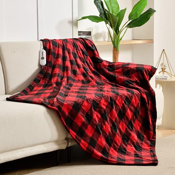 WOOMER Heated Blanket Throw 50" x 60", Electric Blanket Throw with 4 Heating Levels & 4H Auto Off, ETL Certified,Red & Black Double-Sided Velvet, Over-Heat Protect, Machine Washable