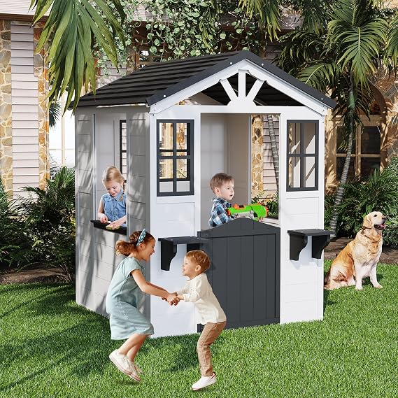 Wooden Play House for Kids, Wooden Play House Outdoor Cottage, Cedar Woodens Kids Playhouse Cottage, Toddler Outdoor Playhouse Vinyl Roof With Play Kitchen