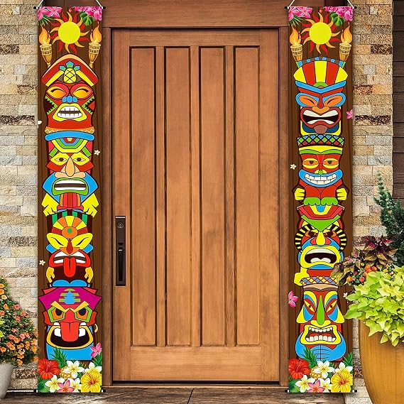 Frienda Tiki Party Decorations Hawaiian Luau Party Decoration Supplies Tiki Banner Totem Door Sign for Hawaii Tropical Decor Aloha Tropical Birthday Wall Hanging Decor Supplies