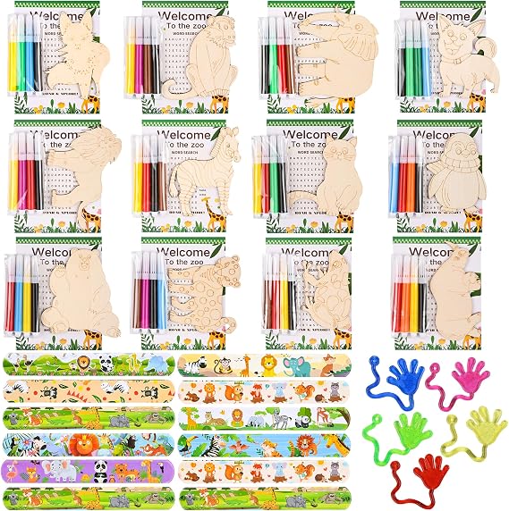 SunQiva Jungle Animal Safari Party Favors for Kids - 12PCS Wooden DIY Wild Animal Theme Craft Kit with Markers, Slap Bracelets, Word Search - Zoo Safari Birthday Party Supplies & Gifts.
