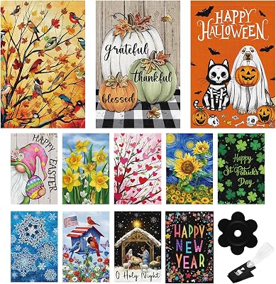 Louise Maelys All Season Holiday Garden Flag Set of 12 Seasonal 12x18 Inch Double Sided Welcome Small Burlap with Anti-Wind Clip and Stopper Spring Fall Winter Yard Decor Outdoor Outside House Sign