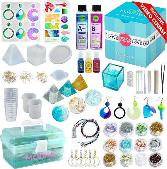 MODDA Epoxy Resin Kit with Video Course, Includes Color Pigment, Silicone molds, Necklace Cord, Earring Hooks for Jewelry Making, Epoxy Resin Starter Kit for Beginners, Adults,Complete Craft Set
