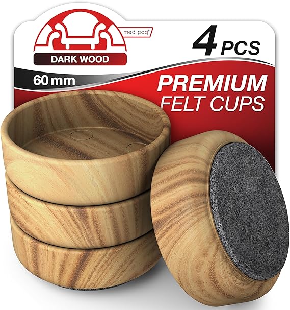 Medipaq Felt Castor Cups for Wooden Floors, 4 x Large 60mm, Dark Wood