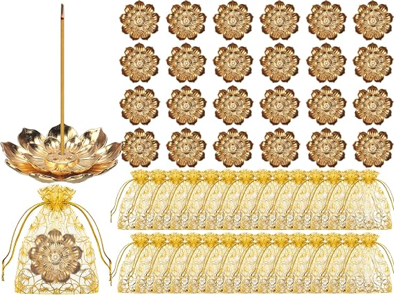 Layhit 24 Set Indian Return Gifts for Pooja Bulk, Lotus Incense Holder Gold Incense Sticks Holder with Organza Bags, Zinc Alloy Stick/Coil/Cone Anti Ash Spilling for Housewarming Yoga Spa Decor