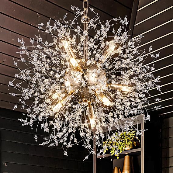 Wellmet Firework Crystal Chandeler,Modern Chandelier for Entryway,Farmhouse Brass Dandelion Chandelier Light Fixture,French Gold Ceiling Lighting for Foyer,Bedroom,Living Room,Closet,Kitchen 20" D