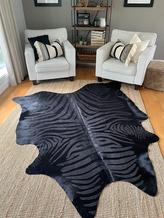 Cowhide Area Rug - Black Zebra Cowhide Approx 7X6 feet or 213X183cm