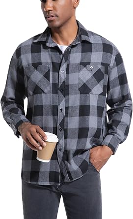 JupiterSecret Mens Flannel Plaid Shirts Long Sleeve Button Down Casual Shirt Regular Fit with Pockets (Grey and Black,S)