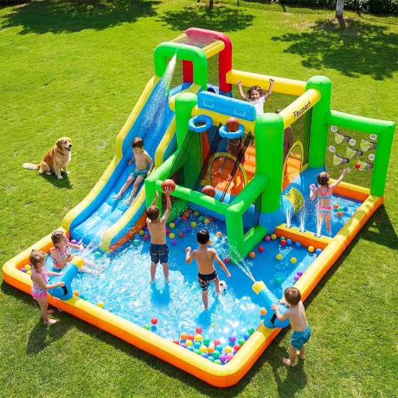 FBSPORT Inflatable Bounce House Water Slide, Bounce House for Kids Indoor Outdoor Bouncy House with 550W Blower, Bounce Castle with Slide Ball Shooting, Water Gun, Splash Pool, Bounce Area, Hose