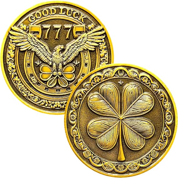 Lucky Coin with Four-Leaf Clover & Eagle Design Good Luck Charm with 777 1.57 Inch Lottery Ticket Scratcher Tool (Single Coin)