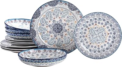 Bico Blue Talavera Ceramic 12 pcs Dinnerware Set, Service for 4, Inclusive of 11 inch Dinner Plates, 8.75 inch Salad Plates and 35oz Dinner Bowls, for Party, Microwave & Dishwasher Safe