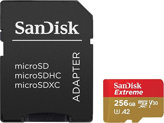 SanDisk 256GB Extreme microSDXC UHS-I Memory Card with Adapter - Up to 160MB/s, C10, U3, V30, 4K, A2, Micro SD - SDSQXA1-256G-GN6MA