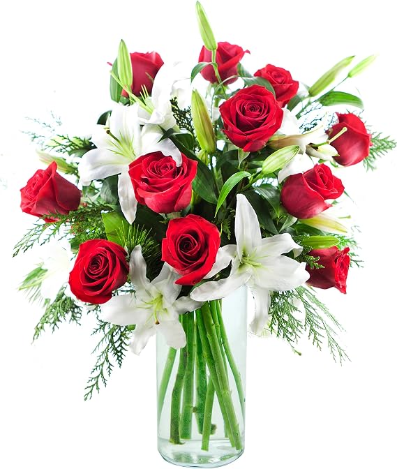 KaBloom-Noel lilies&Roses Bouquet,Flowers for Valentine, Mother's Day