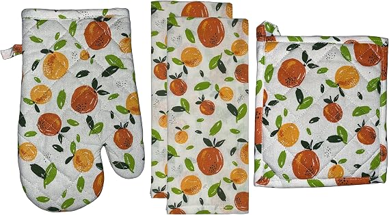 Set of 4, 100% Cotton Orange and Peach Design Kitchen Towel Set, Include 2 Kitchen Towels, 1 Pot Holder & 1 Ovenmitt.