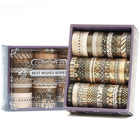 36 Rolls Skinny Washi Tape Set Gold Foil Detailing Arts Adhesive Tapes Basic Patterns Decorative Masking Tape Sets for Craft, Kids, Scrapbook, DIY, Gift Wrapping (Black & Gold)