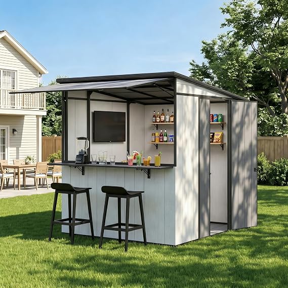 EROMMY 7x6ft 2-in-1 Backyard Bar Shed & Outdoor Storage Shed with Floor, All-Weather Shelter with Fold-Down Bar Top & Lockable Door, Gray