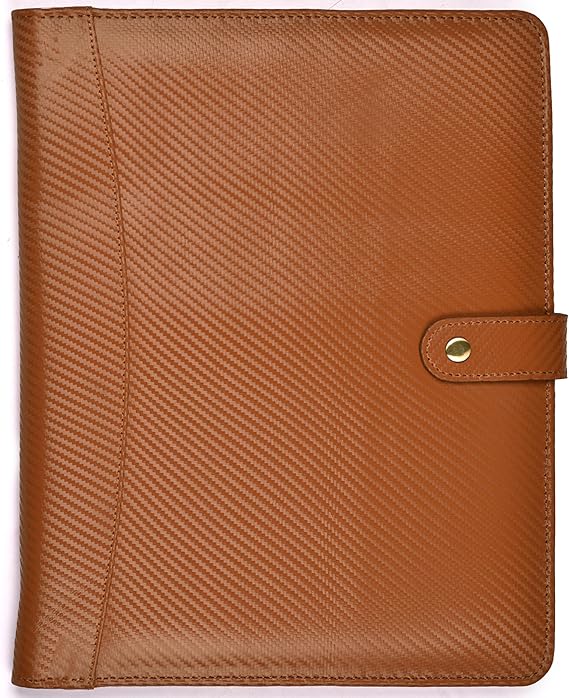 LEATHER VILLAGE Portfolio Professional Organizer Carbon Fiber Genuine Leather Padfolio Resume Folder for A4 Letter Pad with Pen Holder, Business Card Slots & Writing Pad Ideal for Men & Women-Tan