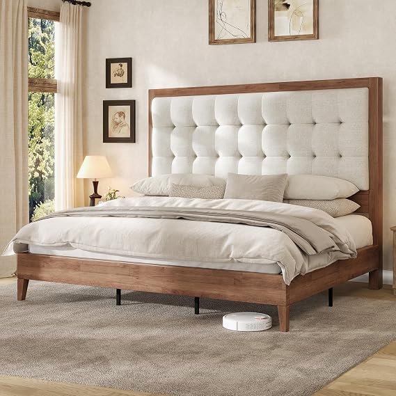 AMERLIFE Solid Wood Full Bed Frame 50.2" Upholstered Headboard, Walnut