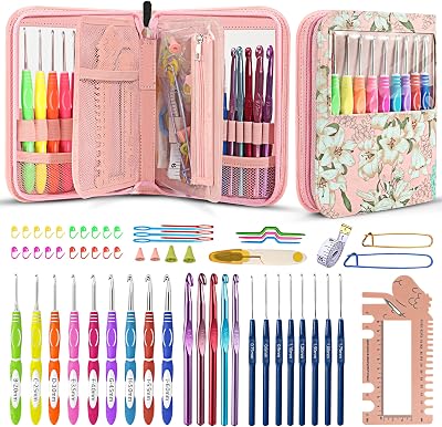 LOOEN 61Pcs Ergonomic Crochet Hooks Set, 22size 0.75mm-10mm, with Case for Arthritic Hands, Extra Long Crochet Needles, Nice Gift Pink