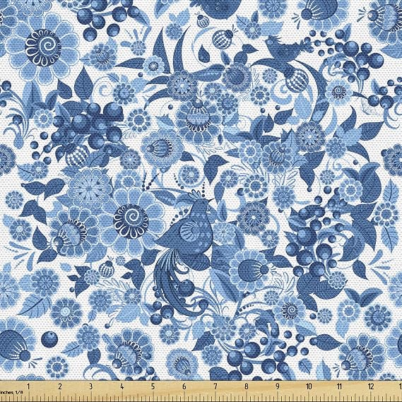 Lunarable Blue Floral Fabric by The Yard, Traditional Composition with Birds Flowers Oriental Ethnic Flowery, Decorative Fabric for Upholstery and Home Accents, 1 Yard, Blue White