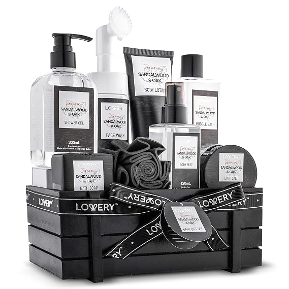 Birthday Gifts Spa Kit for Men - Sandalwood and Oak Scented Bath Gift Set and Shower Gift Basket With Face Wash & Brush, Shower Gel, Bubble Bath, Body Lotion, Body Mist, Handmade Soap, Salts & Puff