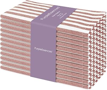 PurpleEssences Plain Striped Cloth Napkins - Set of 12-100% Cotton - 18 x 18 Inch - Spring Easter Summer and Perfect Everyday Use Dinner Napkin - Royal Rust Ivory