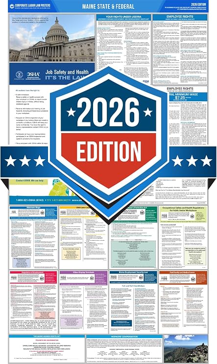 Wall Art Impact 2026 Maine State & Federal Labor Law Poster - [Space-Saving All-in-One Design. Laminated-Spanish]