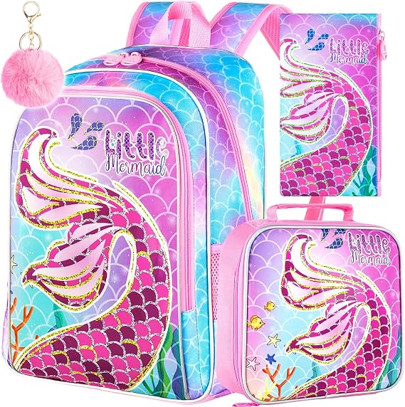 AGSDON 3PCS Kids Backpacks for Girls, 16" Little Kid Mermaid Backpack Preschool School Bookbag and Lunch Box