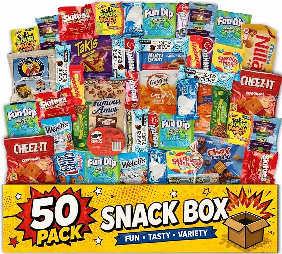 Snack Variety Pack 50 Count Care Package Gift Box, Individually Wrapped