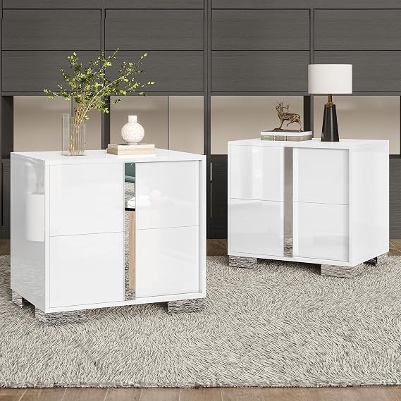 AMERLIFE Nightstand Set of 2, 23.6'' Modern End Table with Drawers, High Gloss UV Finish, Electroplated Pull Handle, Bedside Table for Bedroom, White