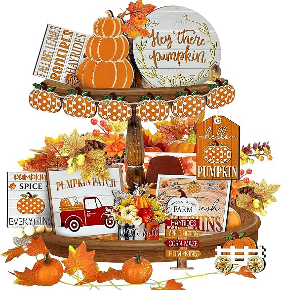 Thanksgiving Tiered Tray Decor Set Pumpkin Home Decorations Rustic Farmhouse Truck Wooden Sign Spice Blocks Autumn Sign for Festival Gift Tabletop (Pumpkin)