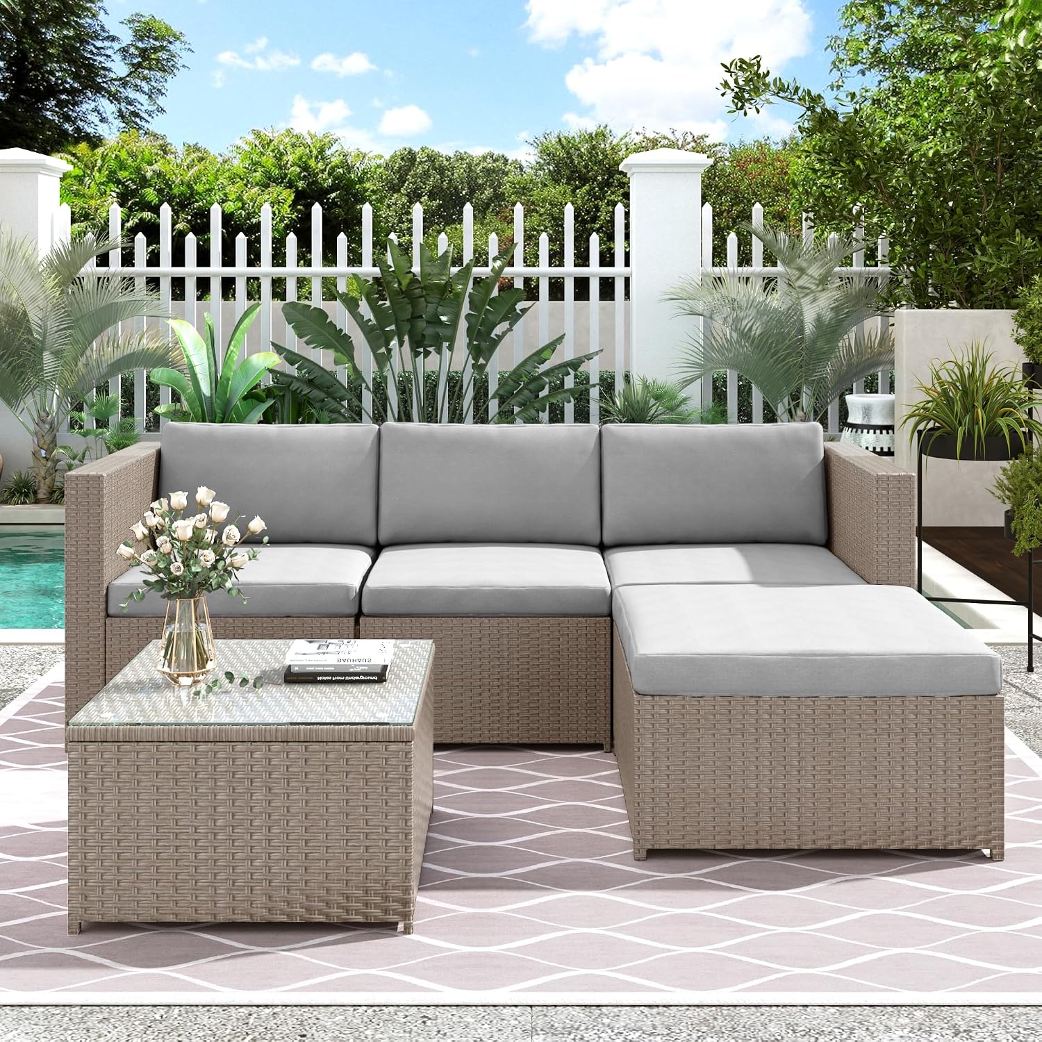 ModernLuxe 3 Piece Rattan Garden Furniture Set, Outdoor Corner Sofa Set with Cushions and Glass Coffee Table, Compact Patio Furniture for Garden, Balcony, Terrace or Conservatory, Khaki