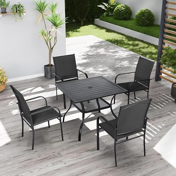 Crownland 5 Piece Patio Dining Set, Outdoor Textilene Dining Sets, 4 Textilene Metal Chairs and Square Outdoor Dining Table with 1.57" Umbrella Hole (Black)